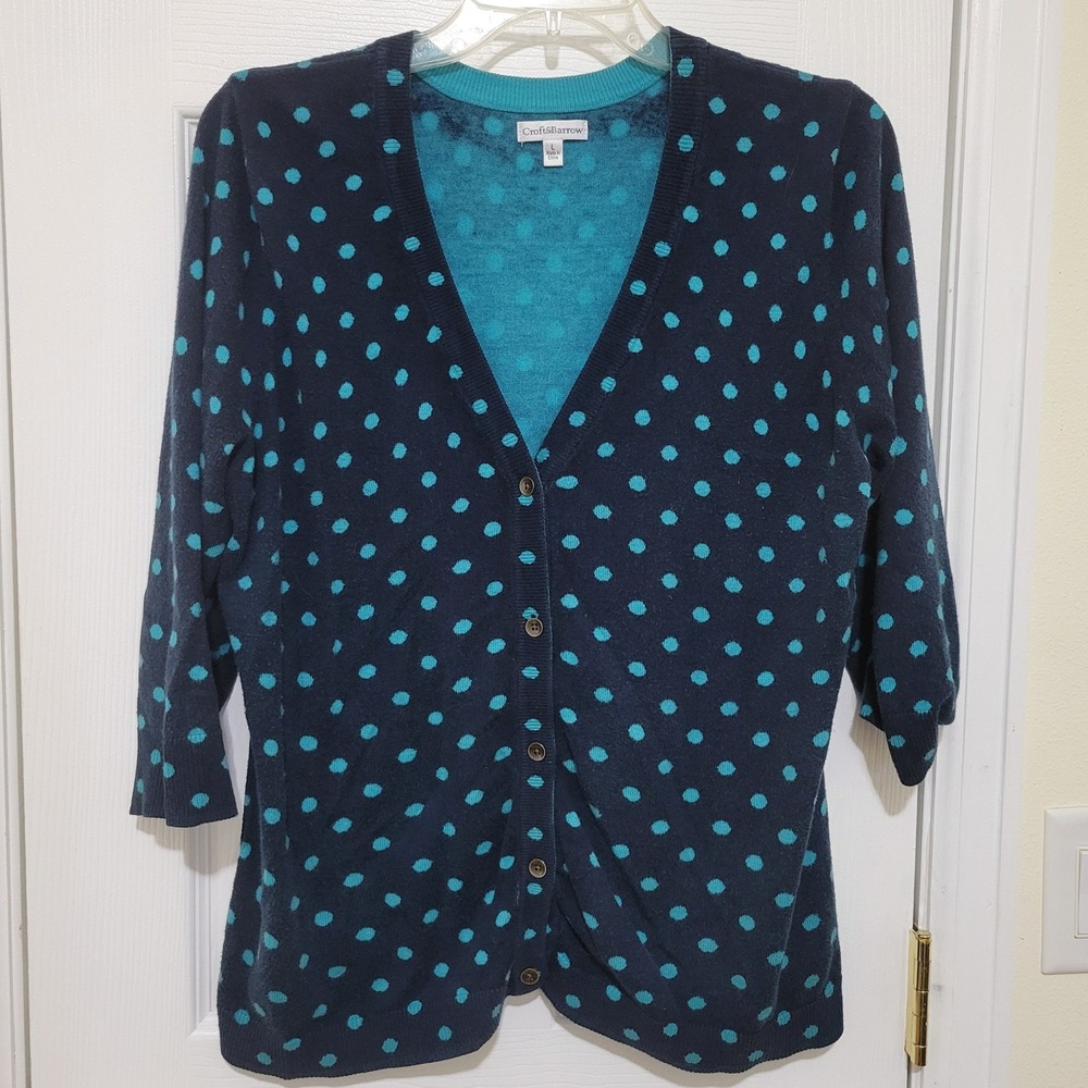 Womens Cardigan Sweater Navy Blue Teal Polka Dot V-Neck Size L Twee Retro
